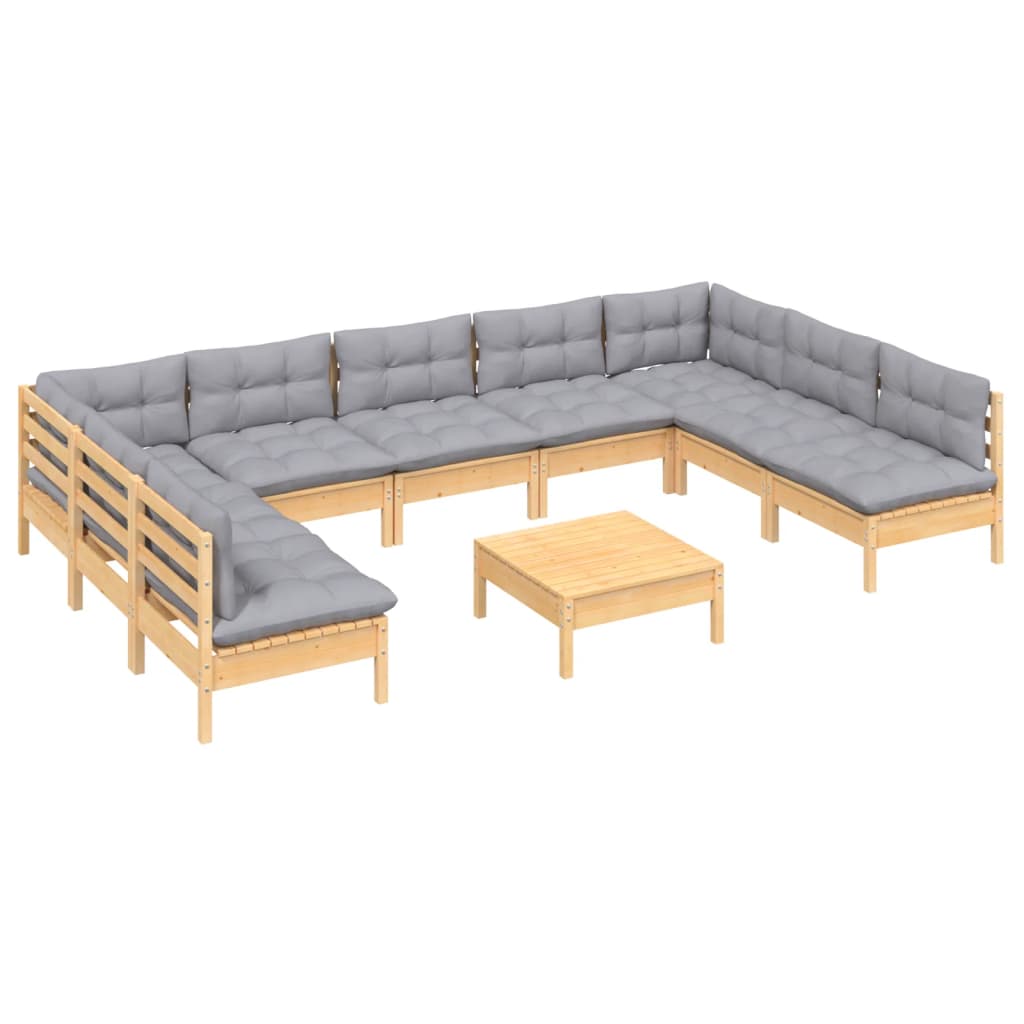 Vidaxl 10-Cz. Garden Lounge Set, Grey Cushions, Pine
