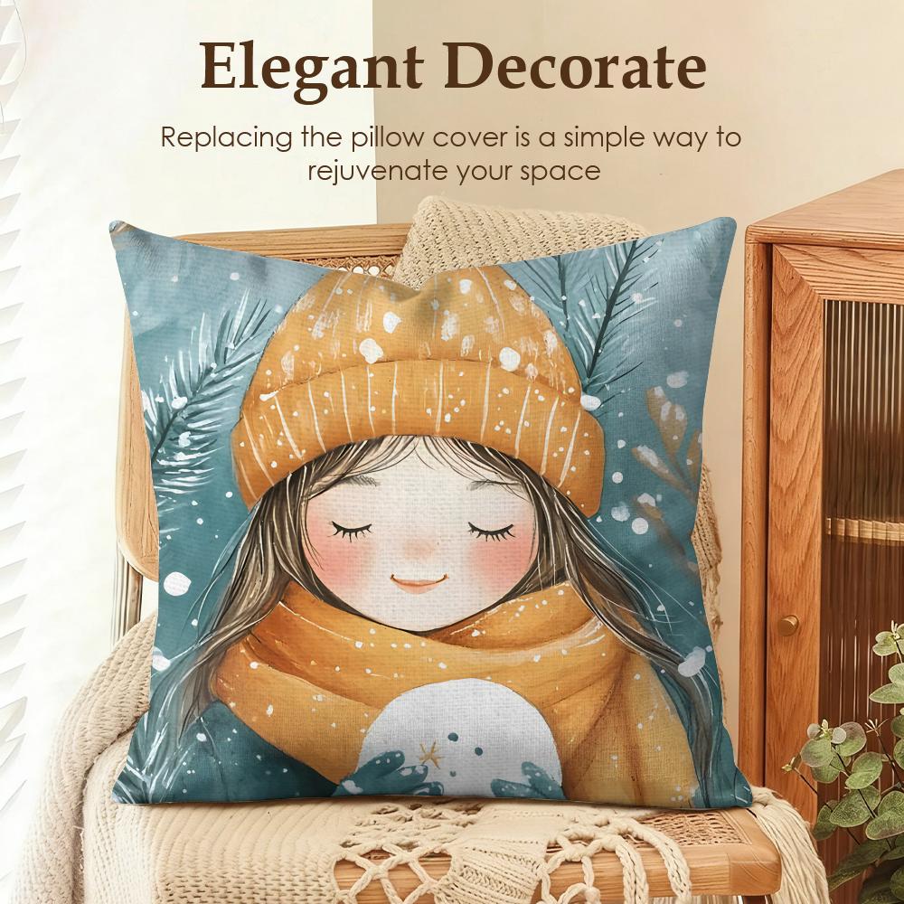 Cute Girl Winter Christmas Cushion Cover Natural Linen Organic Fabric DoubleSided Printing Sofa Home Decor Gift Pillow Case
