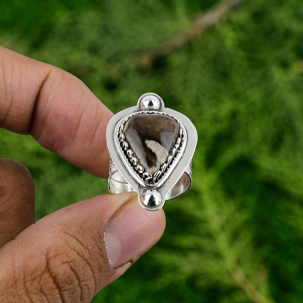 Gift For Her Natural Peanut Wood Jasper Statement Adjustable Ring 925 Silver