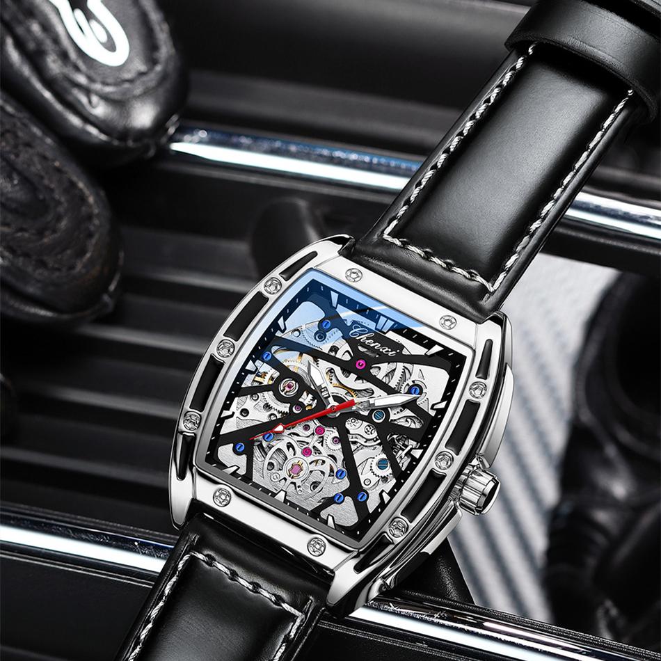New TOP Brand Luxury Men's Watch With Box Men's Wine Barrel-shaped Hollow Automatic Leather Waterproof Men's Mechanical Watches