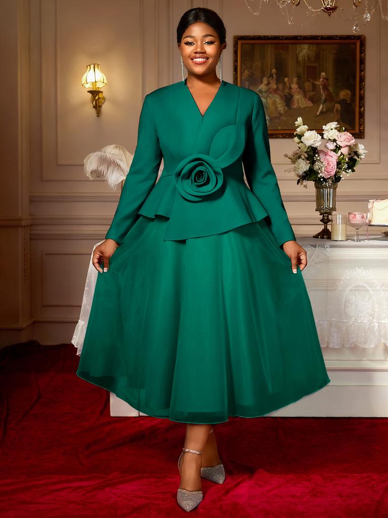 Elegantes Damen A-Linien-Kleid V-Ausschnitt Langarm 3D-Blumen Peplum Patchwork Netz Hochzeitsgast Kirchenparty Outfit
