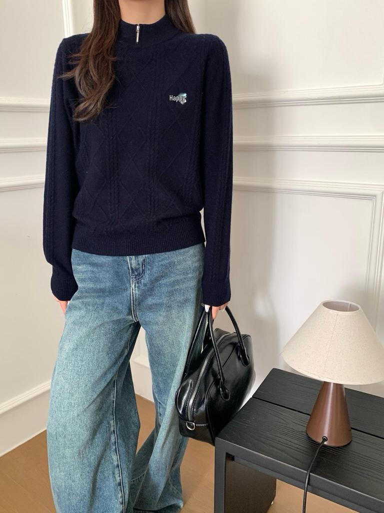 Women's Cable Knit Cashmere Wool Sweater with Half-High Collar