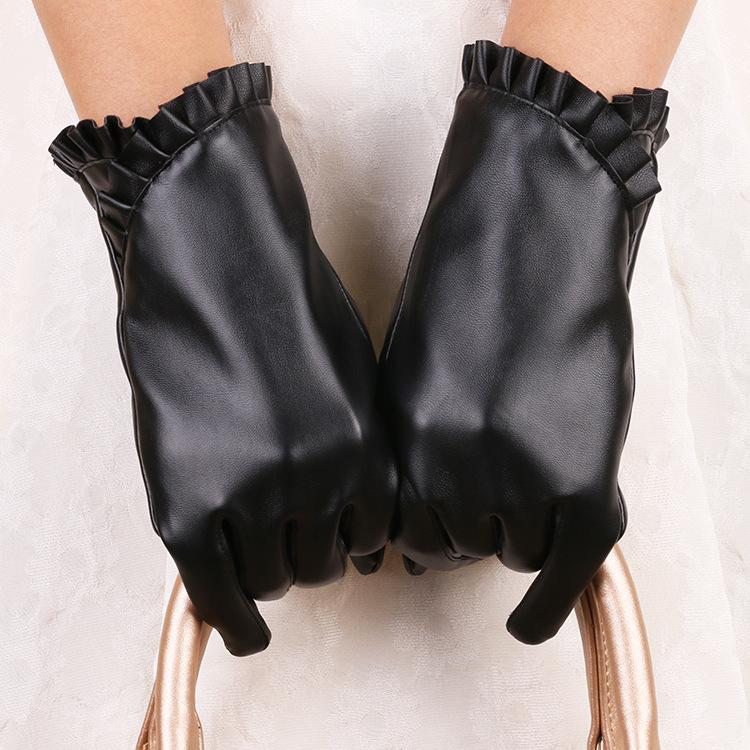 Autumn and Winter Women's Warm Gloves Fashionable Lace PU Leather Korean Version Plus Velvet Cold Proof Waterproof Fashionable Touch Screen Gloves