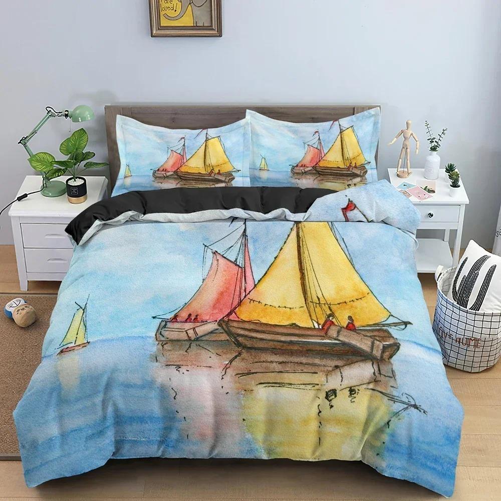 Watercolor Sailboat Bedding Set For Bedroom Soft Modern Bedspreads Comefortable Kids Duvet Cover Quilt Cover And Pillowcase