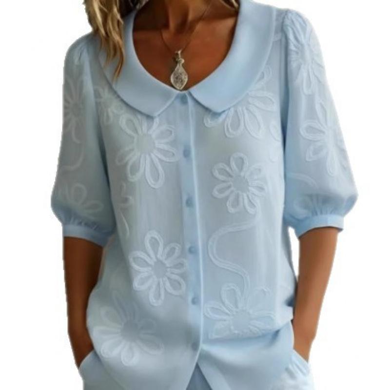 Camisa de Mujer Casual Vintage Holgada con Botones Bordada Floral de Manga Media Nueva Primavera/Verano 2026