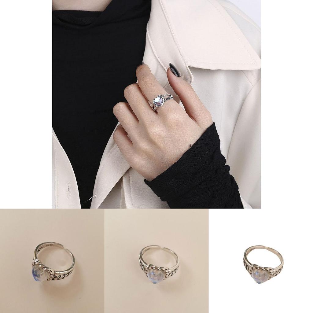 Elegant S925 Silver Double Layer Heart Moonstone Woven Ring For Trendy Girls