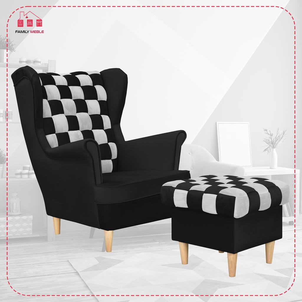 Fotoliu cu urechi Carol Duo cu suport pentru picioare scandinav Family Meble alb negru