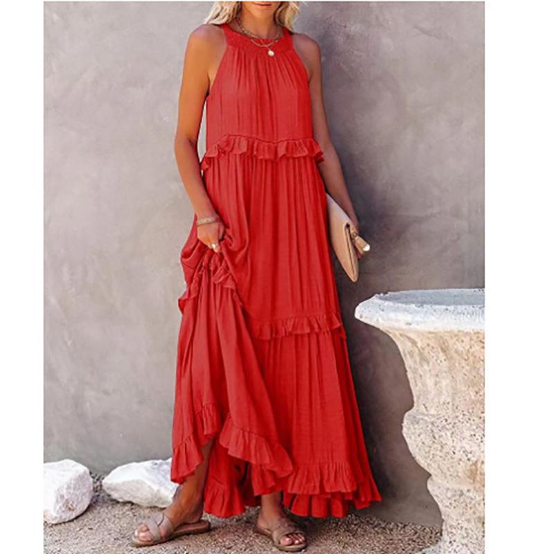 Frauen Casual Solide Rüschen Lange Kleid Sommer Elegante Ärmelloses Sommerkleid Elegante Harajuku Maxi Kleid Strand Party Abend Vestido