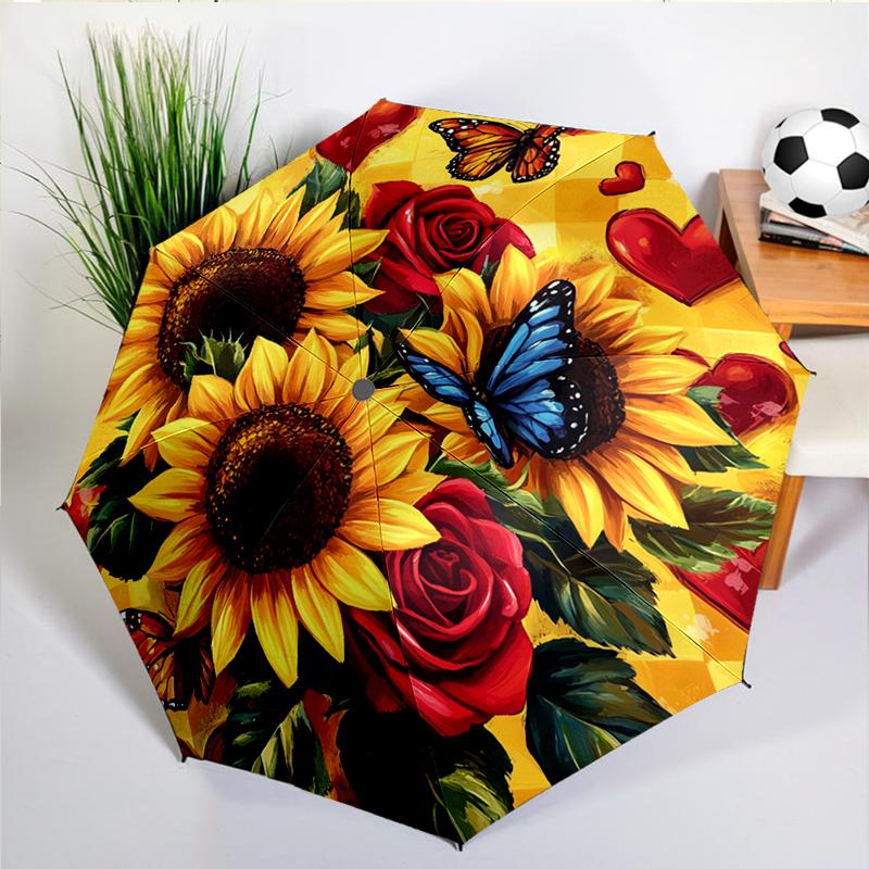 Sunflower Butterfly Umbrella Automatic Open/close, Sturdy Iron Frame & 8-Rib Structure, Umbrella for Women & Men, Christmas Gift