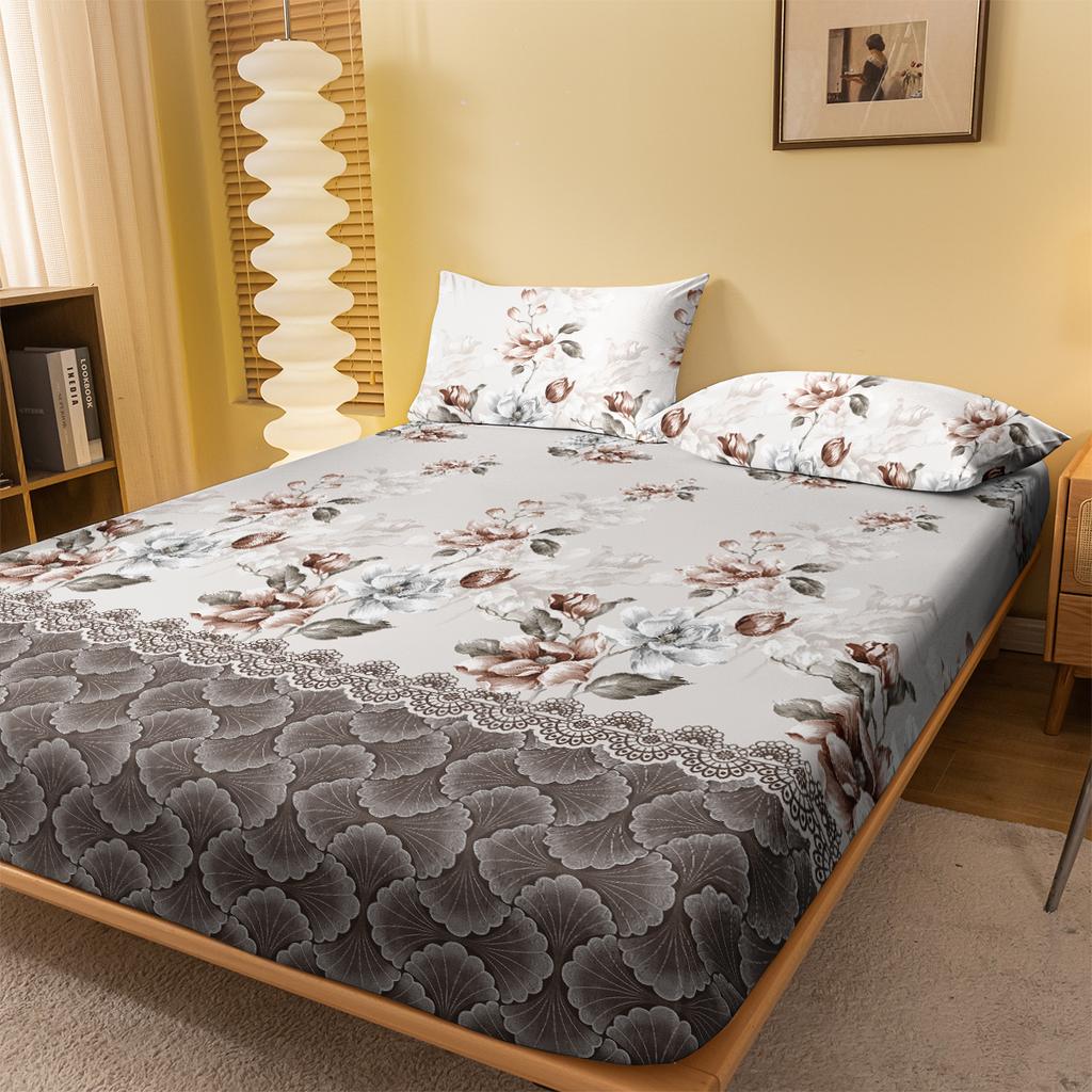 1 Simple Modern Plant Flower Printed Matte Fitted Sheet, Bedroom Printed Bed Cover, Bedding (Excluding Pillowcases)