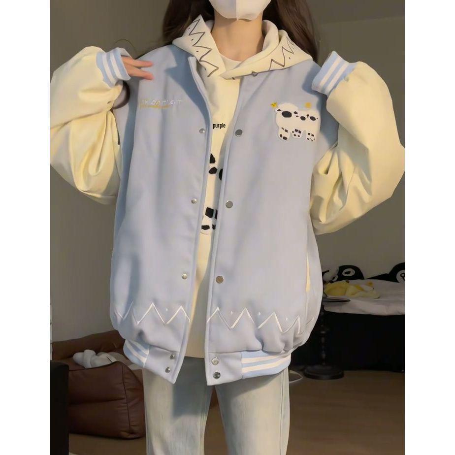 

Студенческий парный стиль Милая овечка Оверсайз бейсбольная куртка - Весенний колор-блок реглан рукав кардиган тренд L синий