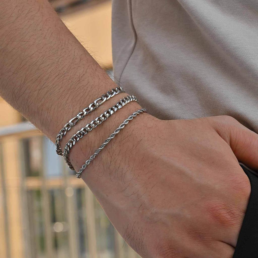 Vnox 3pcs/set Stainless Steel Chain Bracelet Set, Men's Silver Color 21cm Length Link Wristbands, Casual Jewelry Gifts for Men