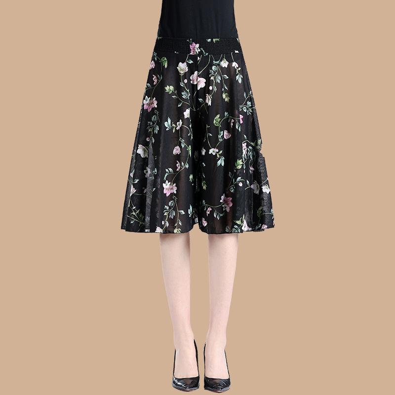 WTEMPO Women's Spring Summer Ice Silk Wide Leg Pants Elastic High Waist Thin Printed Skirt Pants Mother's Loose Cropped Pants