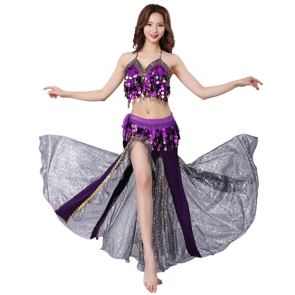 Bauchtanz Set für Damen Bühnenoutfit Sexy Quasten BH Pailletten-Hüftkette Chiffonrock 3-teilig Bauchtanz Performance Kostüm