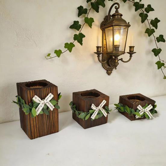 Wooden Tealight Candle Holder Rustic Wood Pillar Candle Stand with Bow Vintage Table Centerpiece for Fireplace Living Dining Room