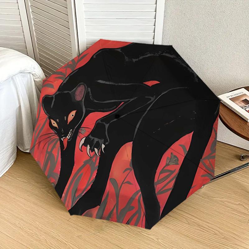 1pc Black Panther with Red Background Umbrella with Plastic Handle,Suitable for All Seasons Home Travel Outdoor UmbrellaDD117