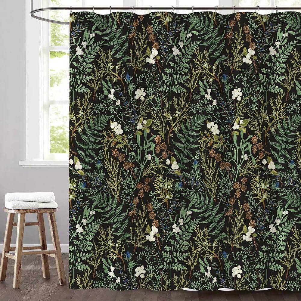 Vintage Black And Green Floral Shower Curtain Dark Bontanical Moss Bathroom Curtains Mid Century Bathroom Decor Waterproof