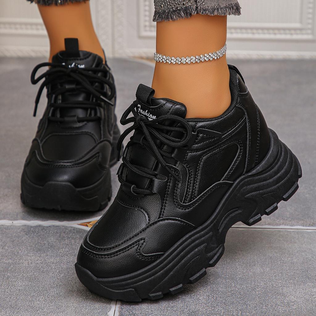 Fashion Black White Chunky Platform Sneakers for Women 2025 Autumn Thick Bottom Dad Shoes Woman PU Leather Height Increase Sneakers 42