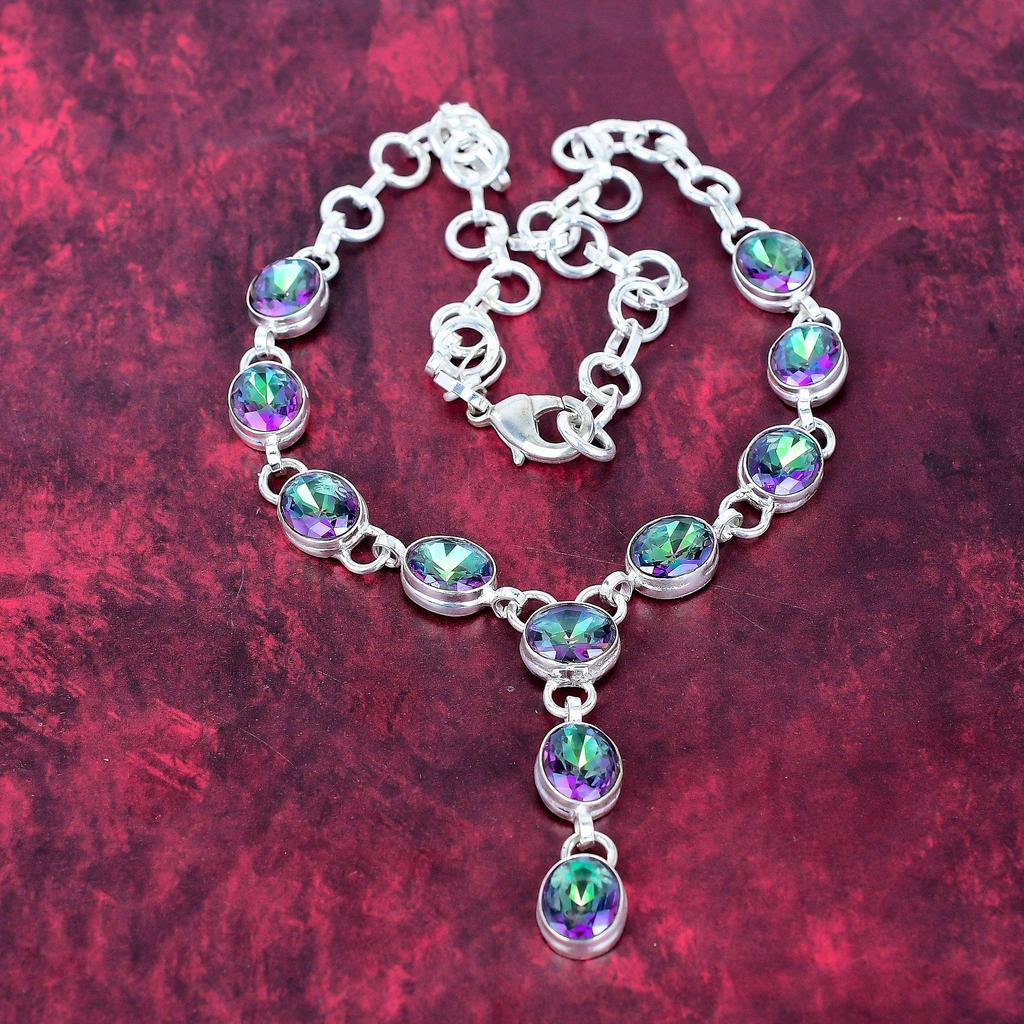 Mystic Topaz 925 Solid Sterling Silver Necklace, Handmade Gemstone Jewelry Necklace, For Memorial Day