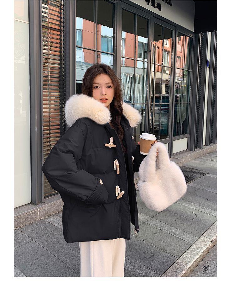 Women's Autumn and Winter Coat Solid Color Horn Button Hooded Fur Collar Loose Thickened Windproof Women's Jacket