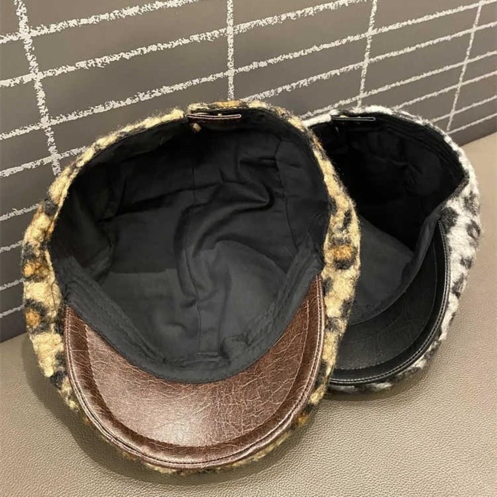 Pu Leather Brim Lamb Wool Berets Hat Keep Warm Women Newsboy Caps Retro Leopard Print Berets  Girl