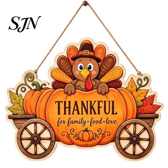 Thanksgiving Door Hanging Ornament Front Sign, Pumpkin Turkey Pattern Hanger, Autumn Decorative Wooden Plaque Harvest Wall for Farmhouse Porch