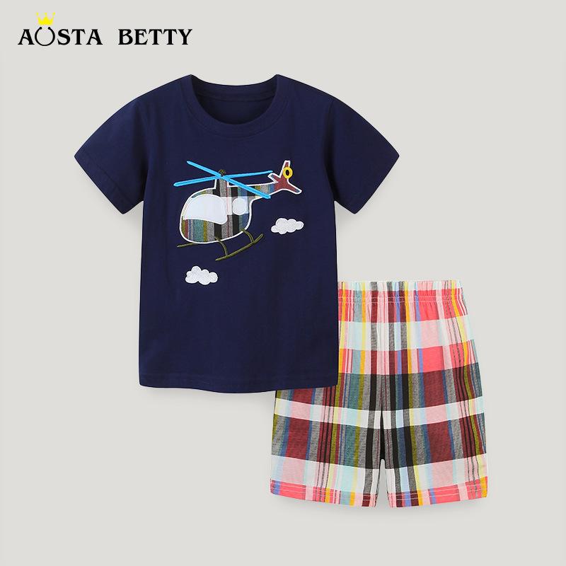 AostaBetty Boys' Summer Cartoon T-Shirt & Shorts Set - European/American Style, Knit Cotton, Short Sleeve, 2-Piece.