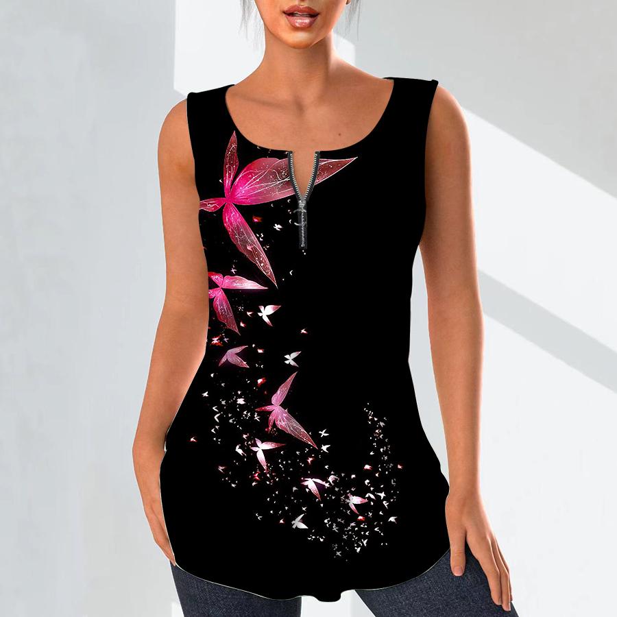 Women's Fashion V Neck Shirts Casual Tops T-shirt Ladies 3D Beautiful Butterfly Print Vest Plus Size Sleeveless Blouse Tank Tops