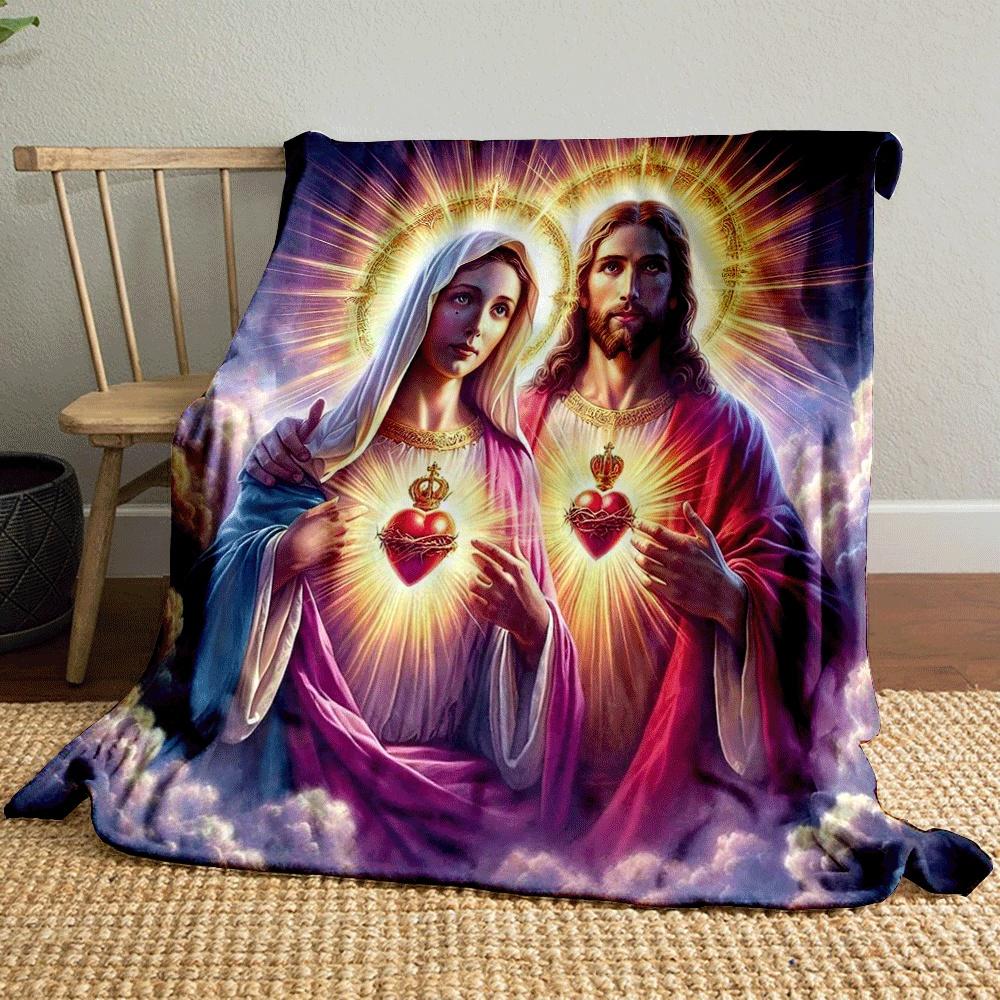 Two figures with radiant halos holding crowned hearts emitting light. for all seasons blanket lunch break throw gift