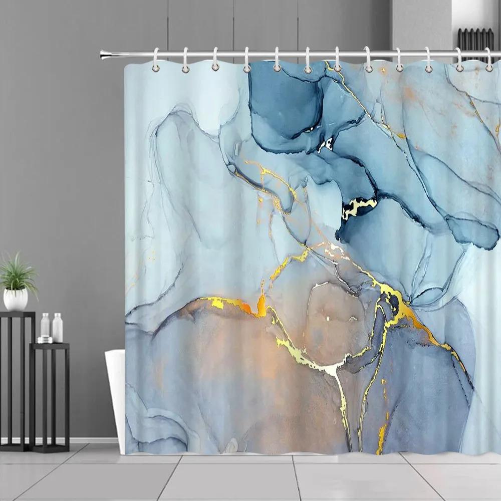 Blue Gold Marble Shower Curtains Golden Cracked Lines Abstract Modern Home Washable Polyester Fabric Bath Curtain Bathroom Decor