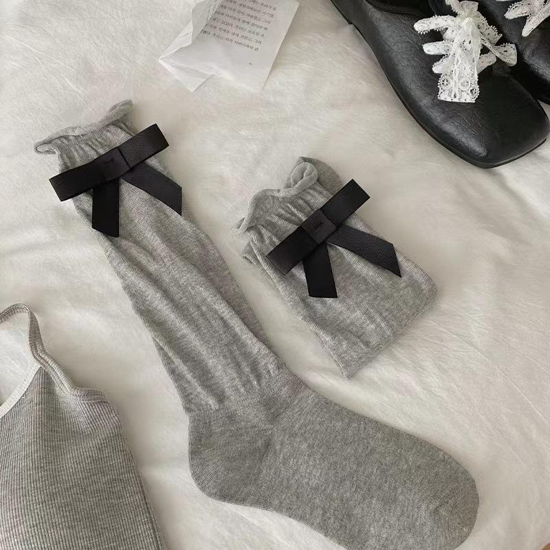 Black, White and Grey Bow Mid-calf Socks, White Ballet-style Socks, Princess-style Autumn Trendy Socks