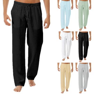 Men Loose Solid Trousers Cotton Linen Straight Pants Pockets Sweatpants Mid Waist Joggers Soft