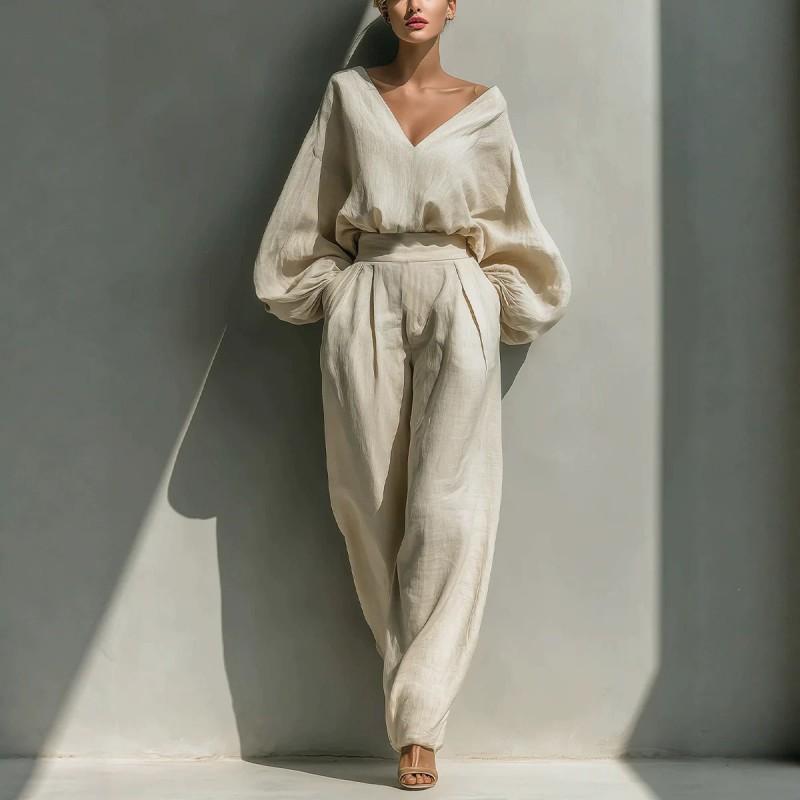 2026 Womens Loose Long Sleeve Cotton Linen Set - Vintage Chic Pants Suit In Ivory Red Brown Gray Green