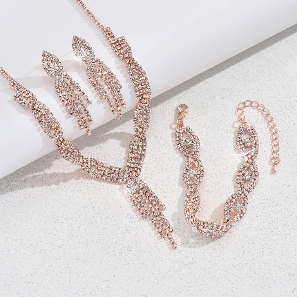 4PC Women's Fashion Design Tassel Water Drop Necklace Earrings Bracelet Zircon Set Suitable for Wedding, Party, Festival Gifts