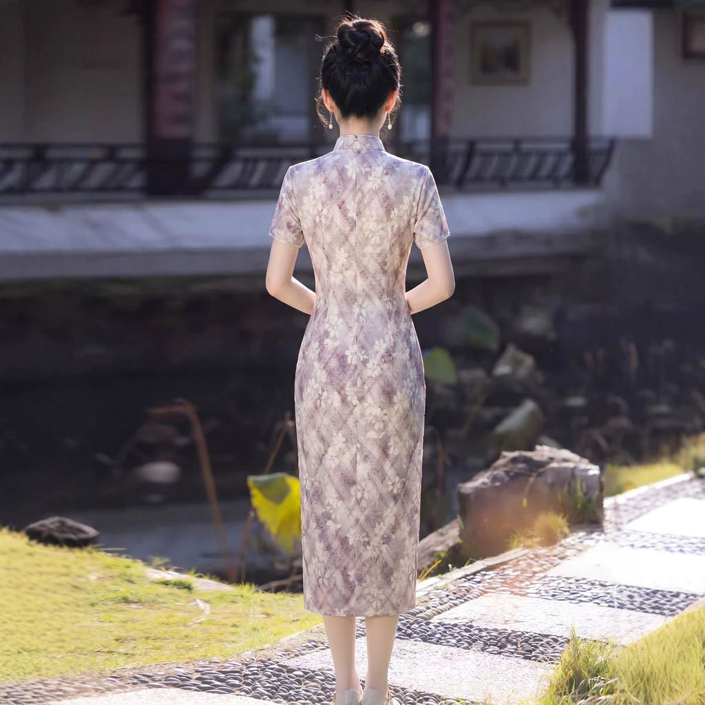 New Chinese Dress High-end Celebrity Retro Jacquard Purple Improved Cheongsam Temperament Dress Sexy Hip Skirt