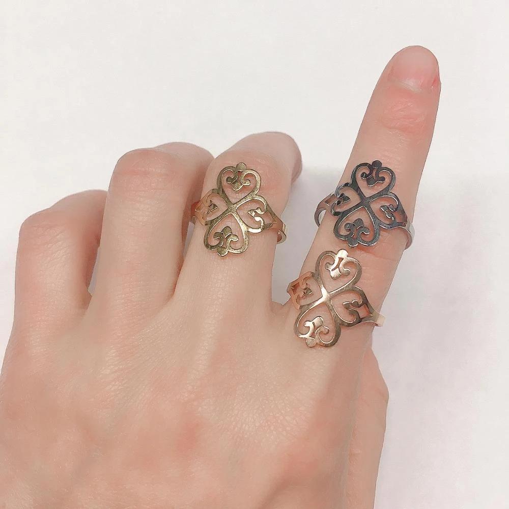 COOLTIME Geometric Filigree Flower Rings for Women Stainless Steel Vintage Four-leaf Clover Rings Wedding Birthday Party Gift