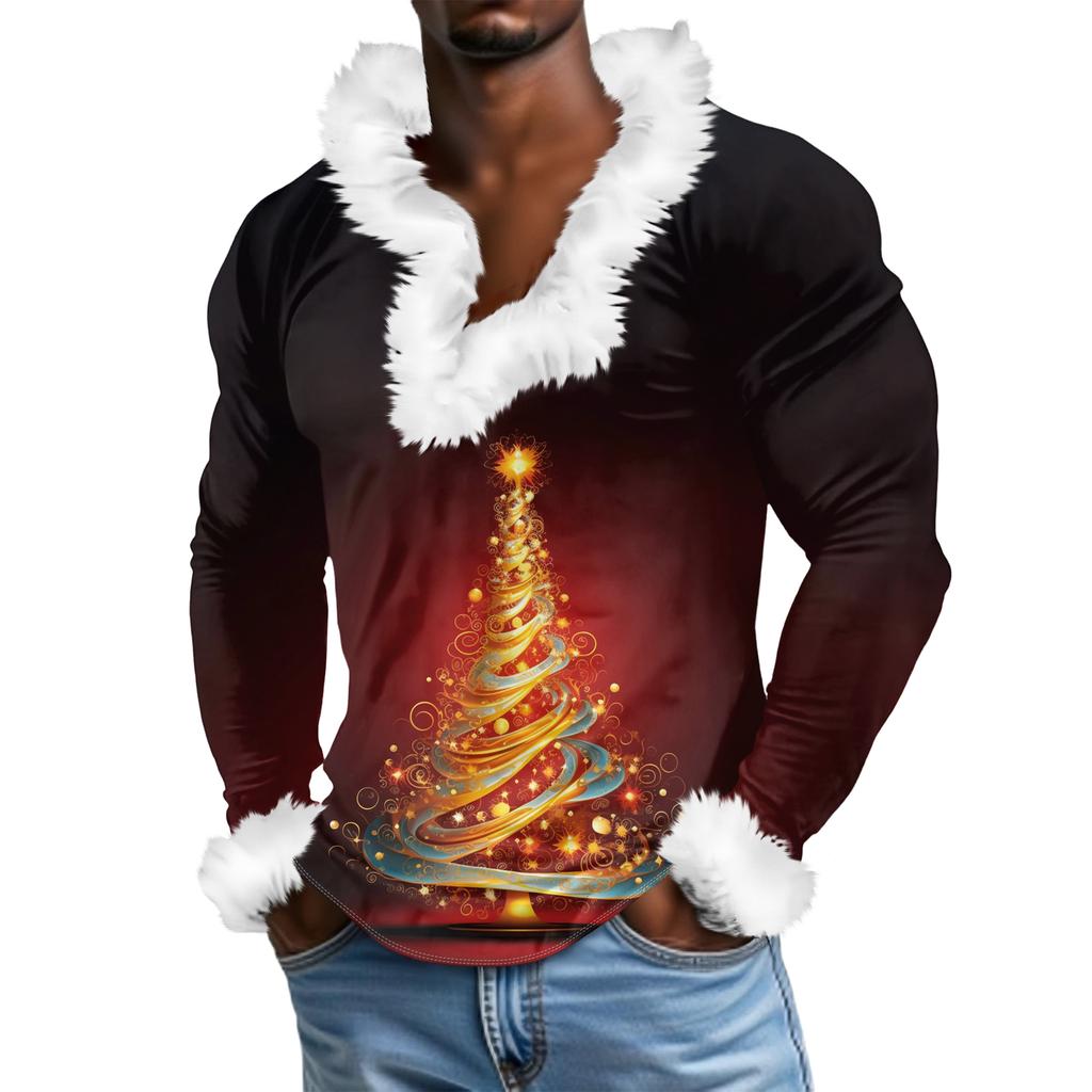 Męska bluza z kapturem z nadrukiem świątecznym, podszyta polarem | Sweter imprezowy z imitacją obszycia i kieszenią | Duży rozmiar, luźny krój, świąteczny pulower