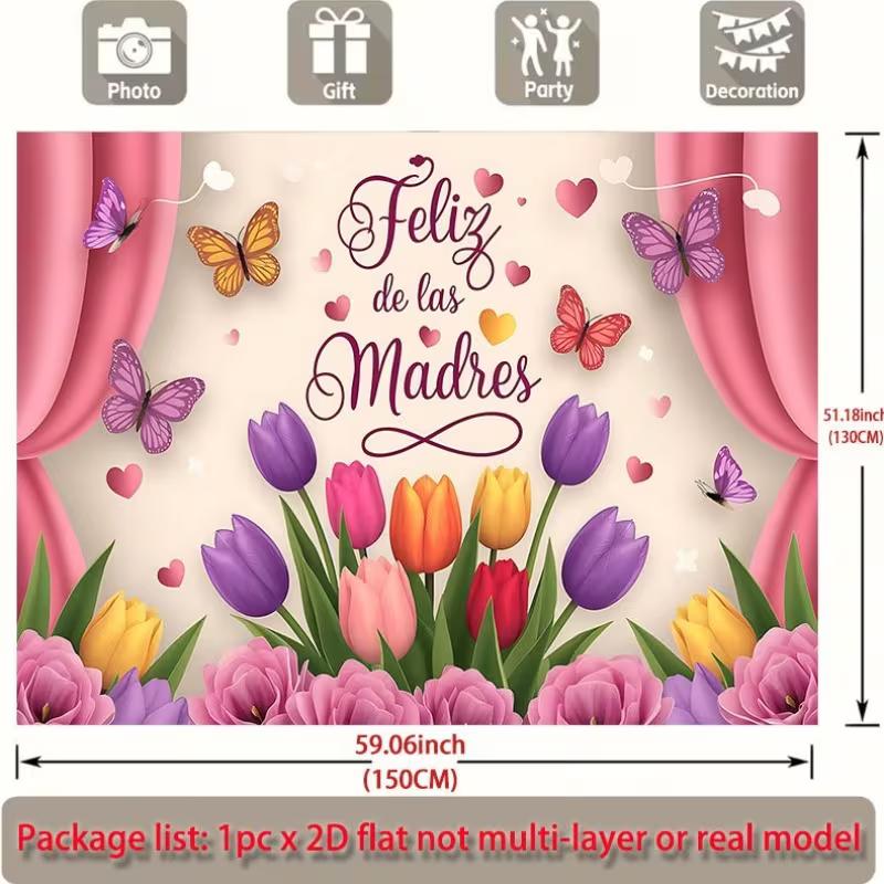 2D Pink Curtain & Tulip Feliz de las Madres Photo Booth Background