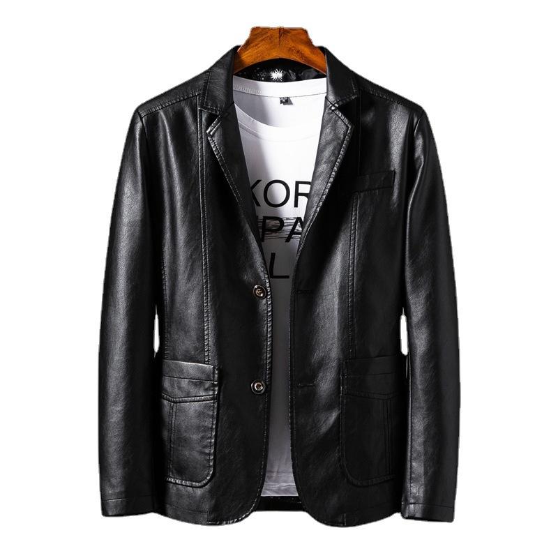 Men's Leather Jacket Korean Style Casual Suit Jacket Men's Spring and Autumn Green Suit PU Leather Slim Motorcycle Jacket