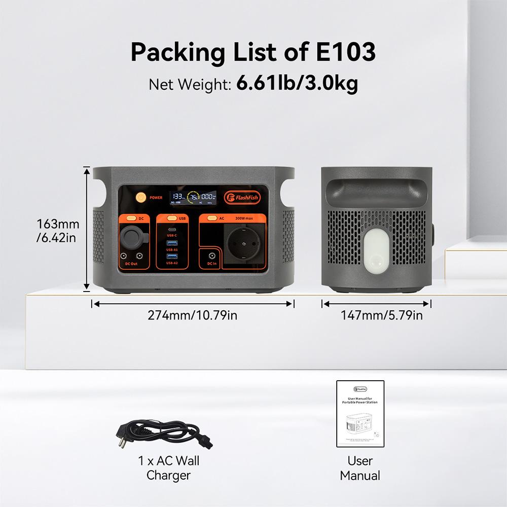 Flashfish E103 300W Portable Power Station, 179.2Wh LiFePO4 Battery, Fast AC Recharge