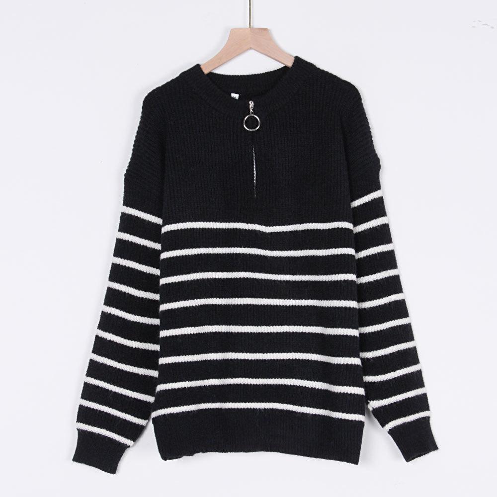Women's High Neck Sweater: Autumn/Winter Striped Color Block Long Sleeve Zipper Pullover Knitwear