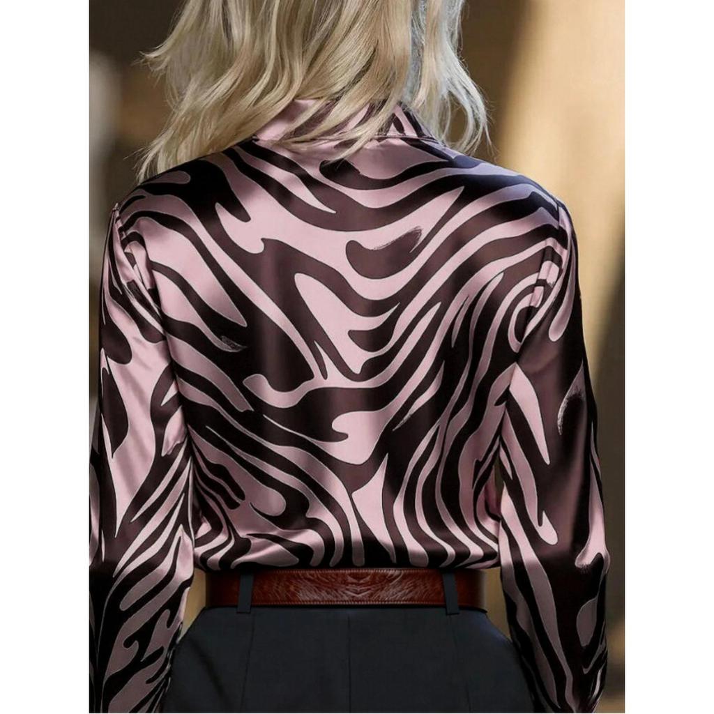 Spring women's new zebra print satin loose casual long-sleeved shirt