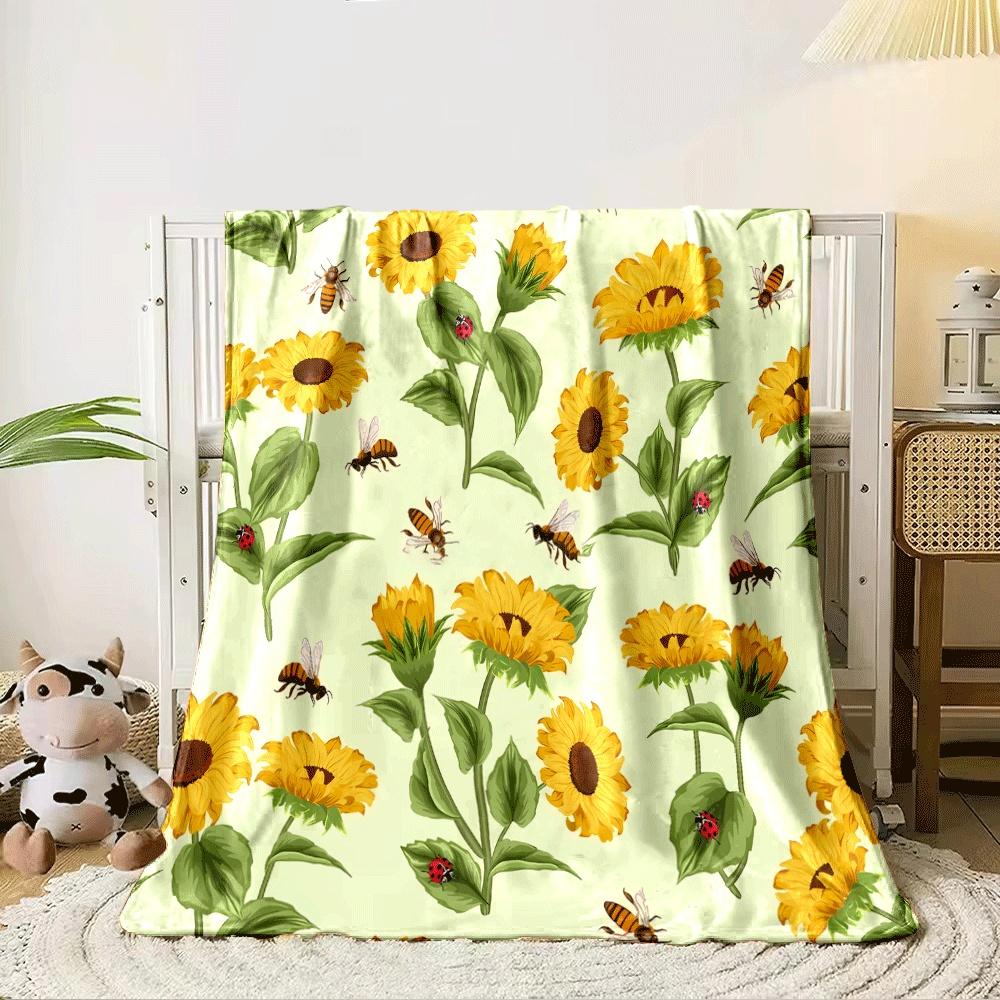 Sunflowers, bees, and ladybugs on a pale green background. for all seasons blanket lunch break throw gift 80cm x 120cm