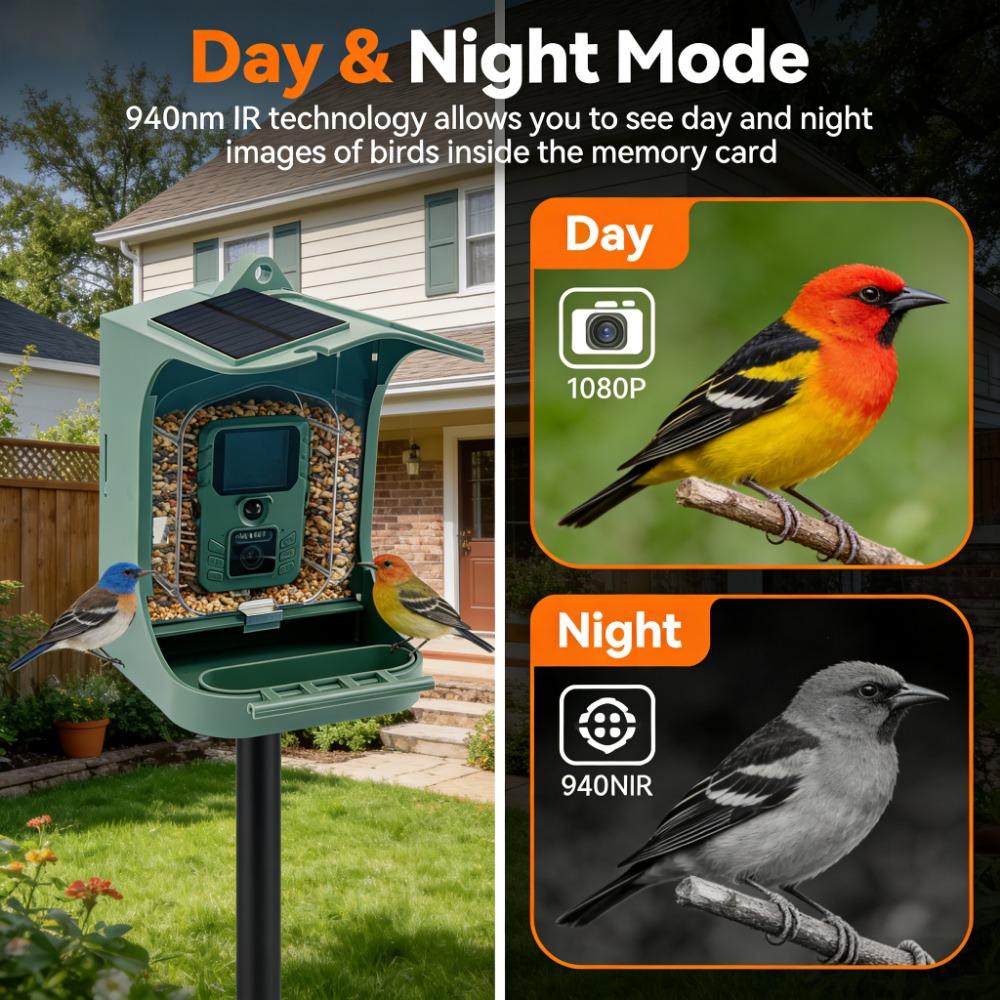 Smart Feeder with Camera Solar Powered, 2K HD Video 24MP Photo Night Vision, Dual Food Troughs for Hummingbirds & Wild Bird
