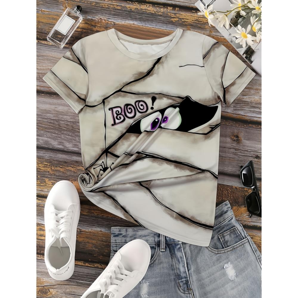 Women's T-shirt Halloween Mummification Peep Monster 3D Print Women's T-shirt  Fashion Short Sleeve Crew Neck Women T-shirt Top