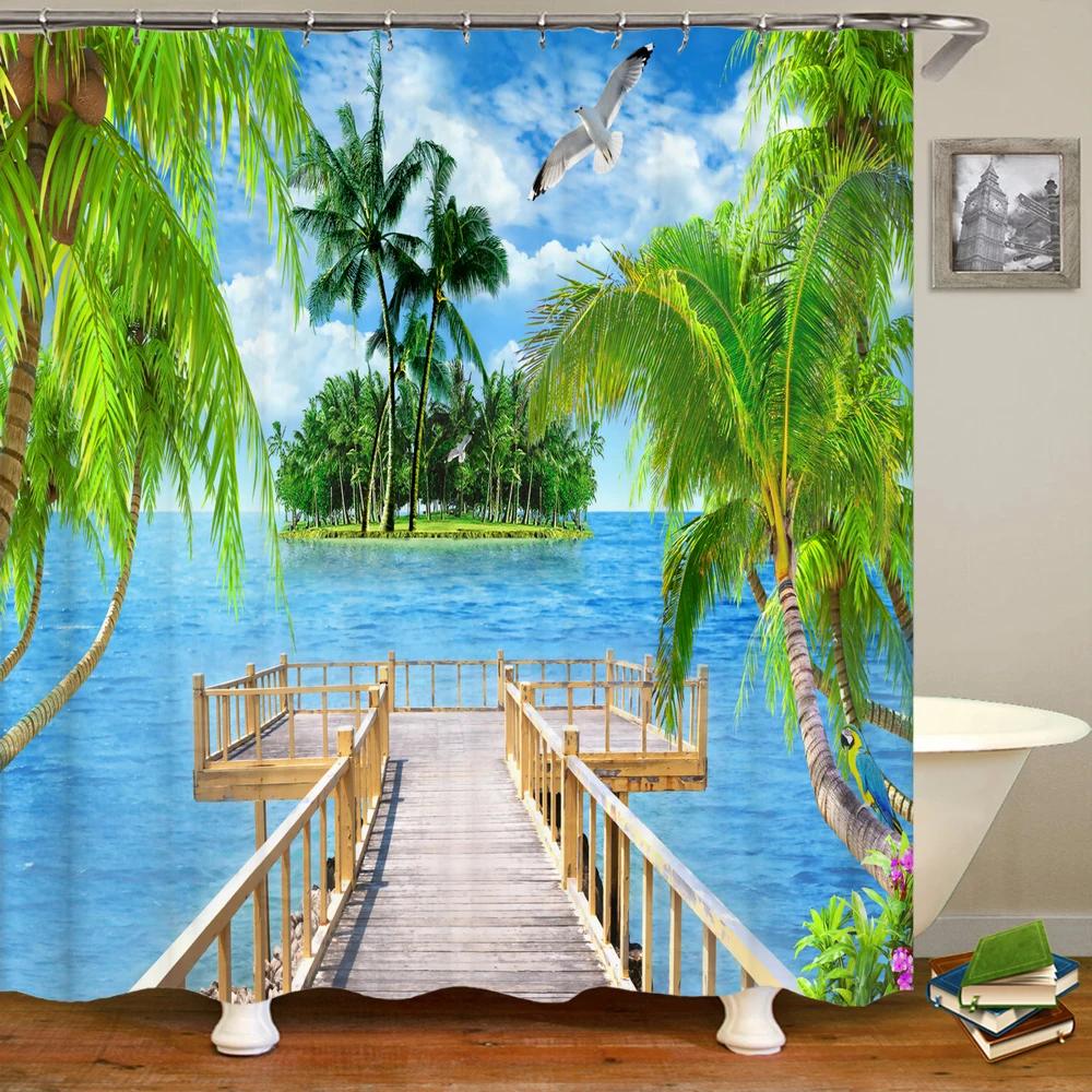 Beach Shower Curtain Waterproof Home Decoration Curtain 3D Palm Tree Seaside Beach Landscape Printed With Hooks Bathroom Curtain
