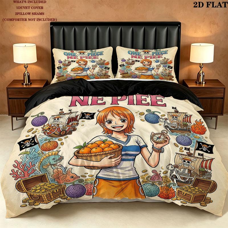 Pościel z nadrukiem One Piece Zestaw kołdry Poszewka na kołdrę Poszewka na poduszkę Domowy prezent urodzinowy(1 * poszwa na kołdrę + 2 * poszewki na poduszki, bez rdzenia)