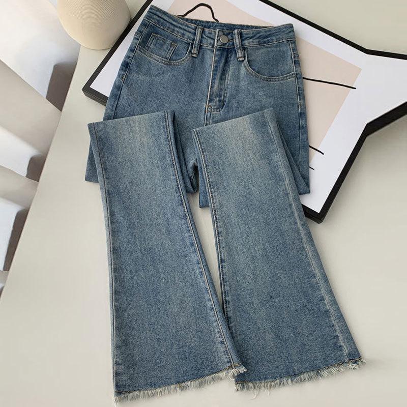 

Summer 2024 Women s High Waist Elastic Slim Fit Retro Raw Edge Flared Jeans Large