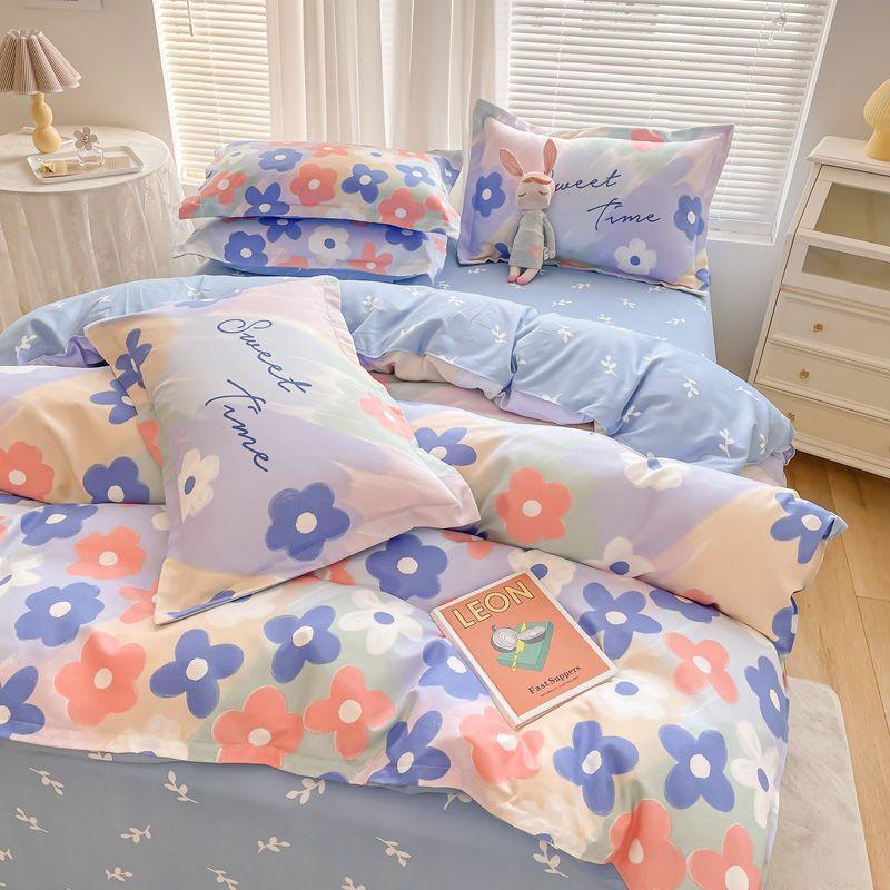 Vierteiliges Bettwäsche-Set, Bettwäsche, Gewaschene Baumwolle Sandgestrahlt Verdickter Bettbezug, Stepplaken, Studentenwohnheim Einzelbettbezug Dreiteiliges Set