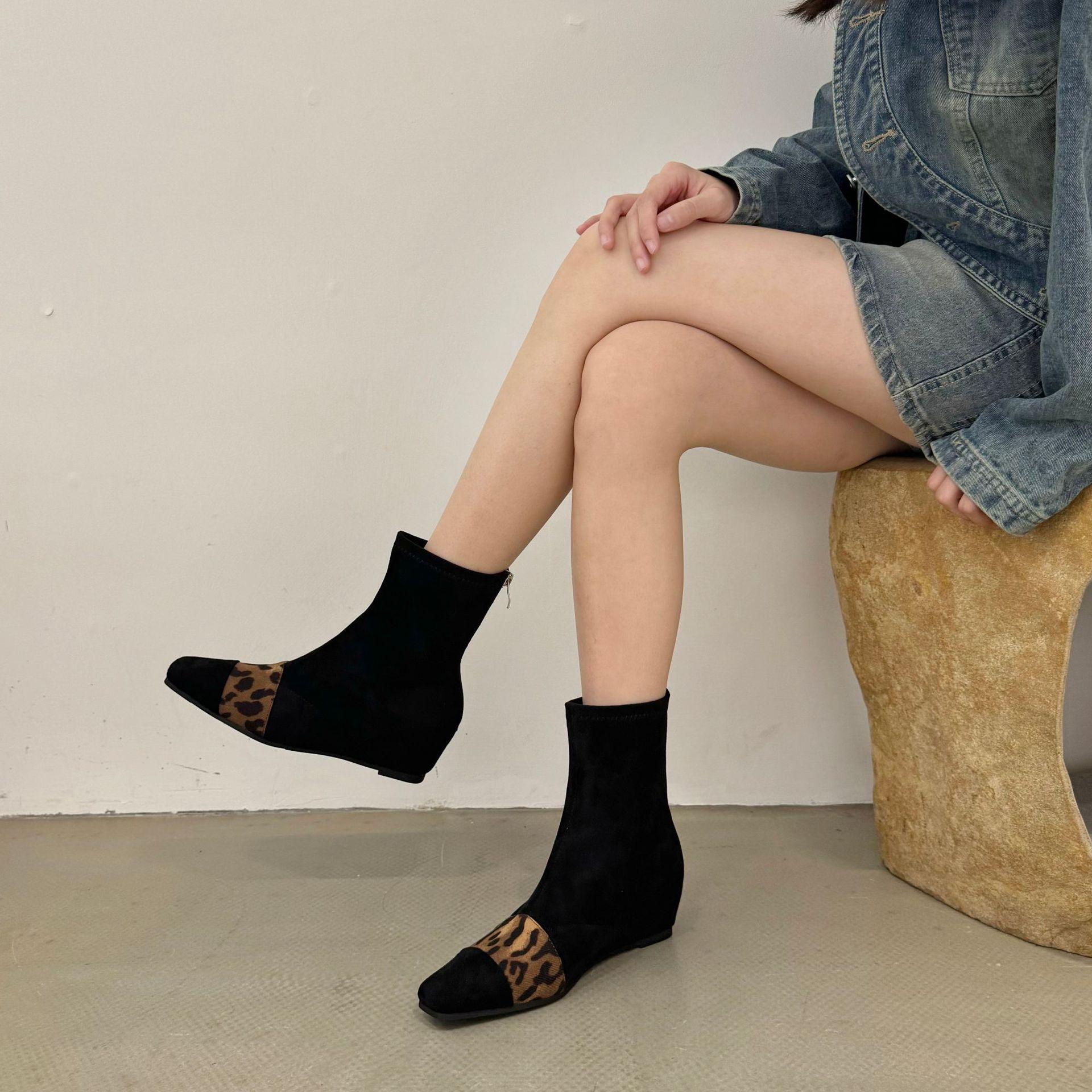 

Дизайнерские женские ботильоны с леопардовым принтом, новинка 2024 года, модные короткие ботильоны с острым носком, элегантные ботильоны с молнией сзади и толстым каблуком 35 чёрный